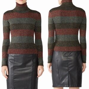 A.L.C. Sz M Metallic Shimmer Striped Turtleneck  Sweater Merino Wool Rib Knit